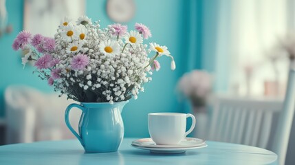 A charming table adorned with a vibrant vase of fresh flowers and a delicate cup, creating a romantic atmosphere perfect for Valentine's Day.