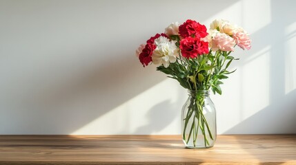 Fototapeta premium A charming vase brimming with vibrant flowers sits elegantly on a table, illuminated by the soft glow of sunlight streaming through the window.