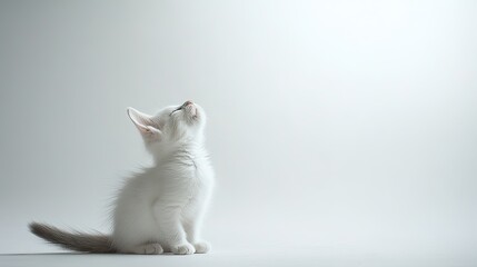 Indoor kitten mid-lick, sitting with its tail curled, captured in a well-lit white studio setting for a clean and modern aesthetic.