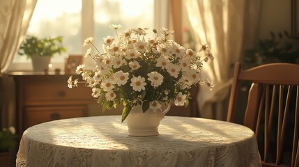 A radiant vase brimming with vibrant flowers graces a sunlit table, casting cheerful shadows against the soft glow of the window.