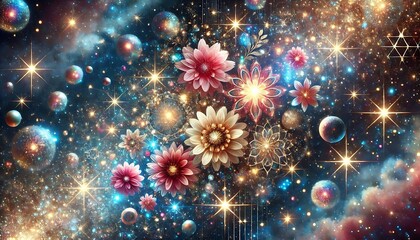 Fototapeta premium Glittery cosmic flowers floating in a starry night sky, with radiant sparkles and bright, glowing accents