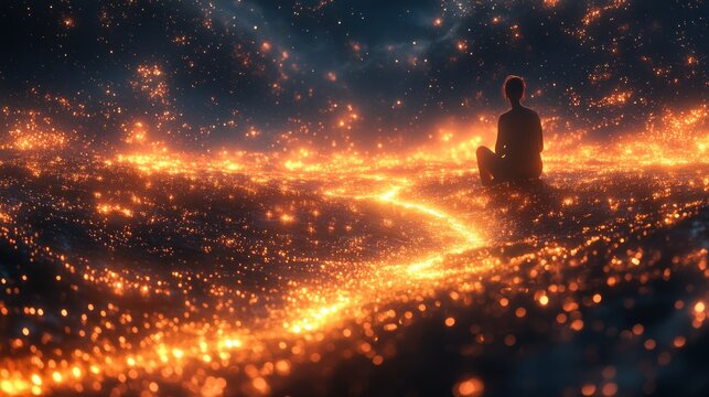 A serene figure sits amidst a glowing, cosmic landscape filled with sparkling lights.