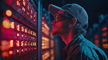 Technician monitoring server lights during a cybersecurity operation at night