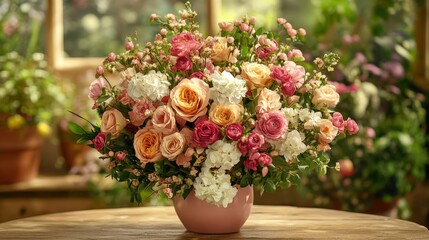 A vibrant vase filled with colorful flowers radiates love and warmth, setting a romantic ambiance in a cozy room perfect for Valentine's Day.