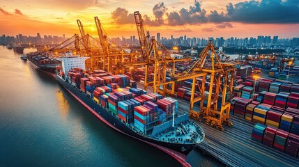 Fototapeta premium Cargo ship loading containers at a busy port during sunset in a bustling city