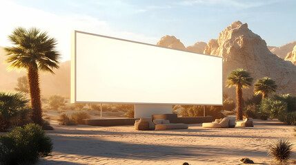 Blank Billboard Stands in a Desert Oasis Setting at Sunset with Palm Trees and Comfortable Seating