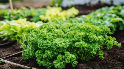 Parsley plants thriving in garden beds, their vibrant green leaves creating a dense, lush carpet, with selective focus on the foreground foliage.