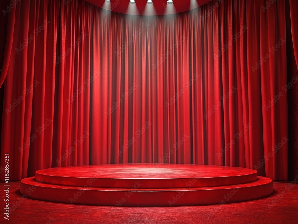 Aufkleber Red Stage with Crimson Curtains and Spotlight for Theatrical Performance in 3D Render