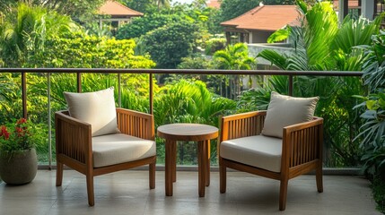 Fototapeta premium Two cozy wooden chairs with comfortable cushions facing a small table, set on a resort balcony overlooking tropical greenery.