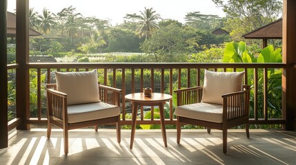 Obraz premium Two elegant wooden chairs with white cushions and a wooden table on a resort balcony, overlooking a serene green garden in the afternoon.