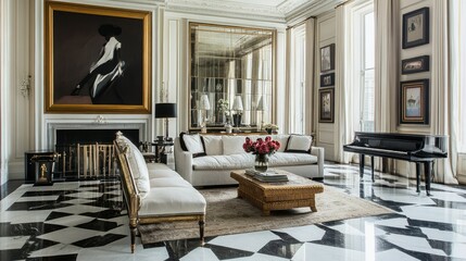Fototapeta premium Elegant Living Room Interior Design: A Luxurious Parisian Apartment