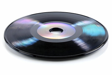 Shiny Black Vinyl Record Reflects Rainbow Hues on a White Background with Subtle Grooves