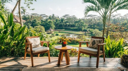 Fototapeta premium Two stylish wooden chairs with soft cushions and a small wooden table on a resort balcony, overlooking a lush green garden under soft natural light.