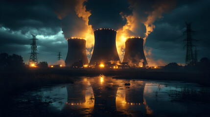 Nuclear Power Plant Emits Steam and Illuminates the Night Sky Dramatically Reflected in Water