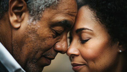 A Close up of couple foreheads touching, eyes closed, conveying deep emotional connection and intimacy