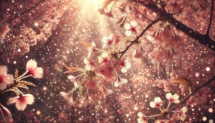 Glittery cherry blossom branches swaying in a gentle breeze, with soft pink hues glowing under the sun