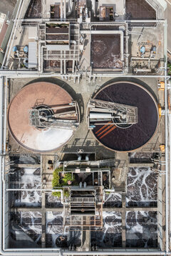 Aerial View of Modern Wastewater Treatment Facility and Tanks