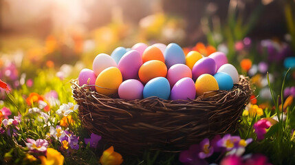 Colorful Easter Eggs Nestled in a Basket Among Blooming Flowers in Spring Meadow
