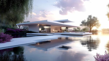 Modern house reflects in tranquil water at sunset, surrounded by lush greenery and purple flowers.