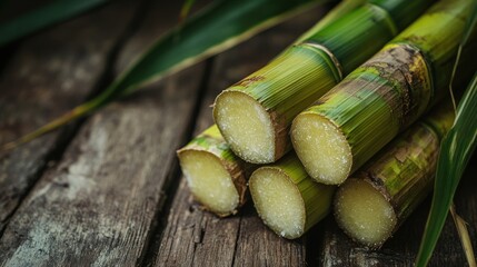 Sweet Harvest:  Close-up of Fresh Sugarcane Stalks on Rustic Wood