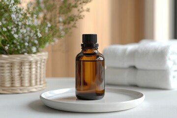 Minimalist amber glass essential oil bottle mockup on white plate with towel