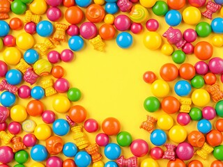 Obraz premium Colorful drops and hard candies arranged in a seamless pattern on a vibrant pink background in a 3D rendering, pattern, colorful, background