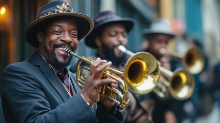 Obraz premium A group of enthusiastic musicians plays lively jazz music on the streets during Mardi Gras