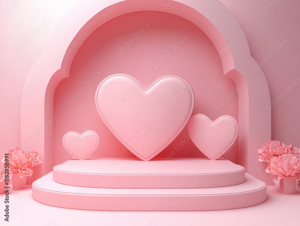 Poster Heart Shaped Podium Stage Backdrop for Product Display Minimalist Pink Design 3D Rendering