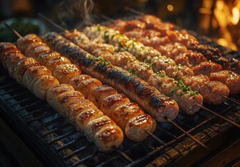 Grilled Meat Skewers Lined Up on Barbecue Grill with Smoky Background, Showcasing Various Deliciously Spiced and Cooked Meats Ready for Serving at Outdoor Feast