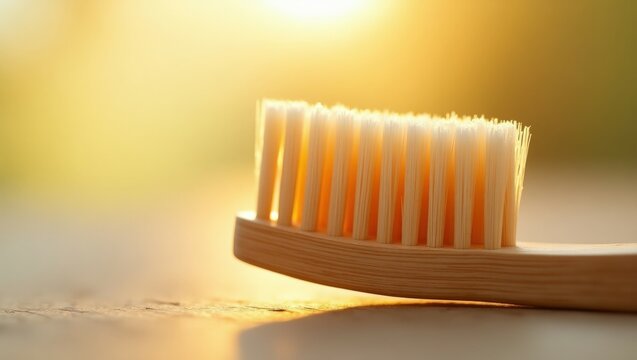 Close-up of bamboo toothbrush bristles bathed in golden light - symbolizing natural care and sustainability - suitable for eco-conscious product advertisements or wellness blogs