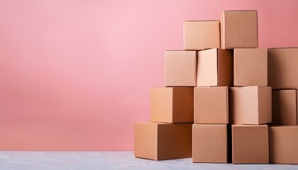 Obraz premium Lot of square carton boxes on pink background, copy space. Generated image