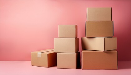 Obraz premium Lot of square carton boxes on pink background, copy space. Generated image