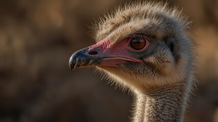 Close-up profile of an ostrich's head and neck, showcasing its feathers and eye.