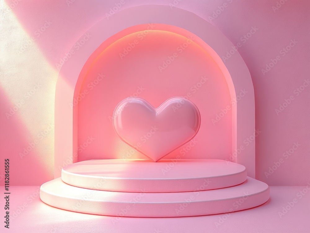 Poster minimalist 3d heart shaped podium for product display in soft pink environment