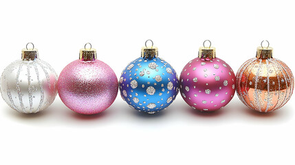 Five Colorful, Glittery Christmas Ornaments Sit Neatly in a Row on a White Background