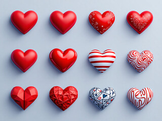 Obraz premium Diverse collection of red hearts in various textures and styles, symbolizing love and creativity.