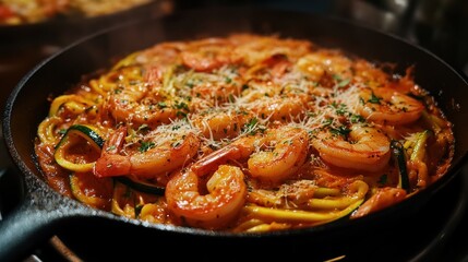 Shrimp Scampi with Zucchini Noodles in a Cast Iron Skillet