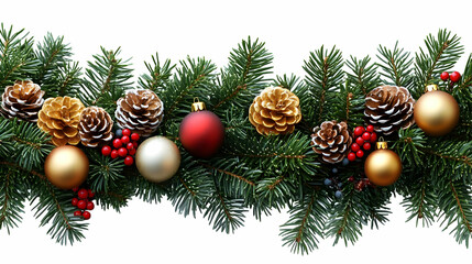 Christmas Garland Decorated with Ornaments, Pine Cones, and Berries on White Background