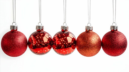 Five Red Hanging Ornaments Glitter and Shine Brightly Against White Background