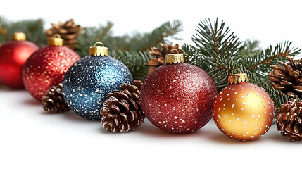 Colorful Christmas Ornaments and Pine Cones Decorate a Festive Holiday Scene on White Background