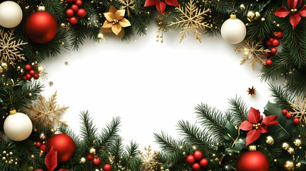 Christmas Border Decorated with Ornaments, Berries, and Pine Branches on White Background Elegantly.
