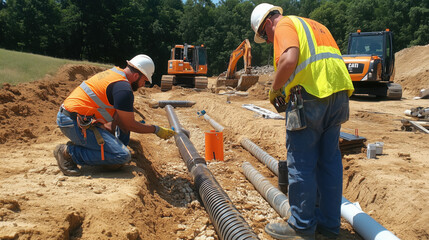 Construction Crew Installing Drainage Pipes, Supervised by an Engineer Checking Blueprints and Alignment at the Construction Site