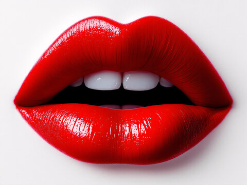 Close-up of glossy red lips with vibrant lipstick, exuding sensual beauty.