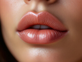 Close-up of glossy pink lips with smooth, shiny texture, exuding natural beauty and allure.