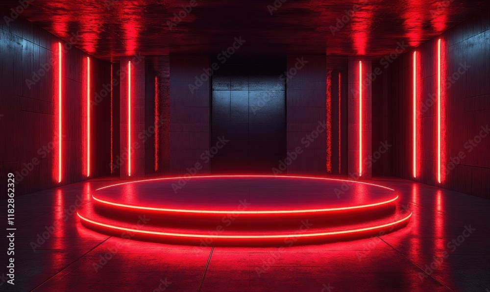 Aufkleber futuristic red neon stage circular platform 3d rendering dramatic shadows minimalist architecture