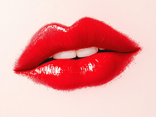 Obraz premium Close-up of glossy red lips with vibrant lipstick, exuding sensual beauty.
