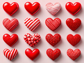 Fototapeta premium Diverse collection of red hearts in various textures and styles, symbolizing love and creativity.