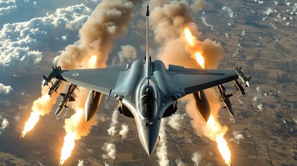 Military jet performs tactical operation with flares and smoke in combat zone