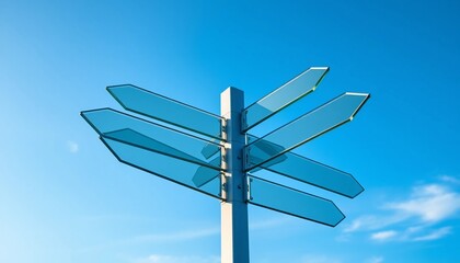 Modern Glass Directional Signpost Against a Bright Blue Sky Multiple Choices Decision Making Concept