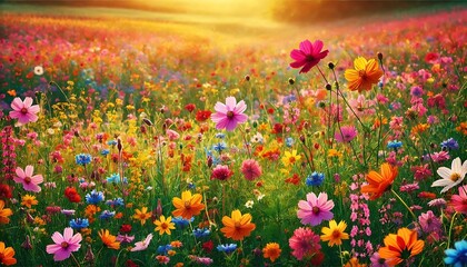 Obraz premium vibrant field of wildflowers, with bright blossoms scattered across a grassy landscape, creating a serene background. Generative AI